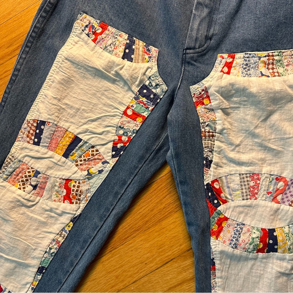 CARLEEN Patchwork Jeans One of a Kind vintage quilt Made in USA straight leg - Picture 11 of 12
